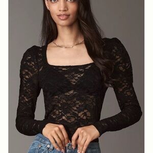BY ANTHROPOLOGIE PUFF-SLEEVE SHEER LACE TOP
